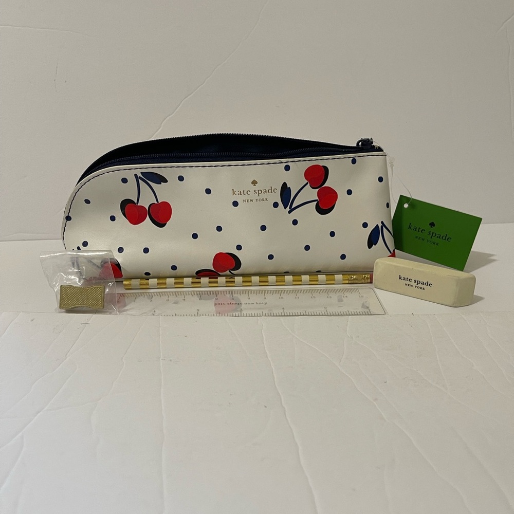 Kate Spade Vintage Cherry & Polka Dot Pencil Case with Accessories - NWT * - Picture 2 of 4